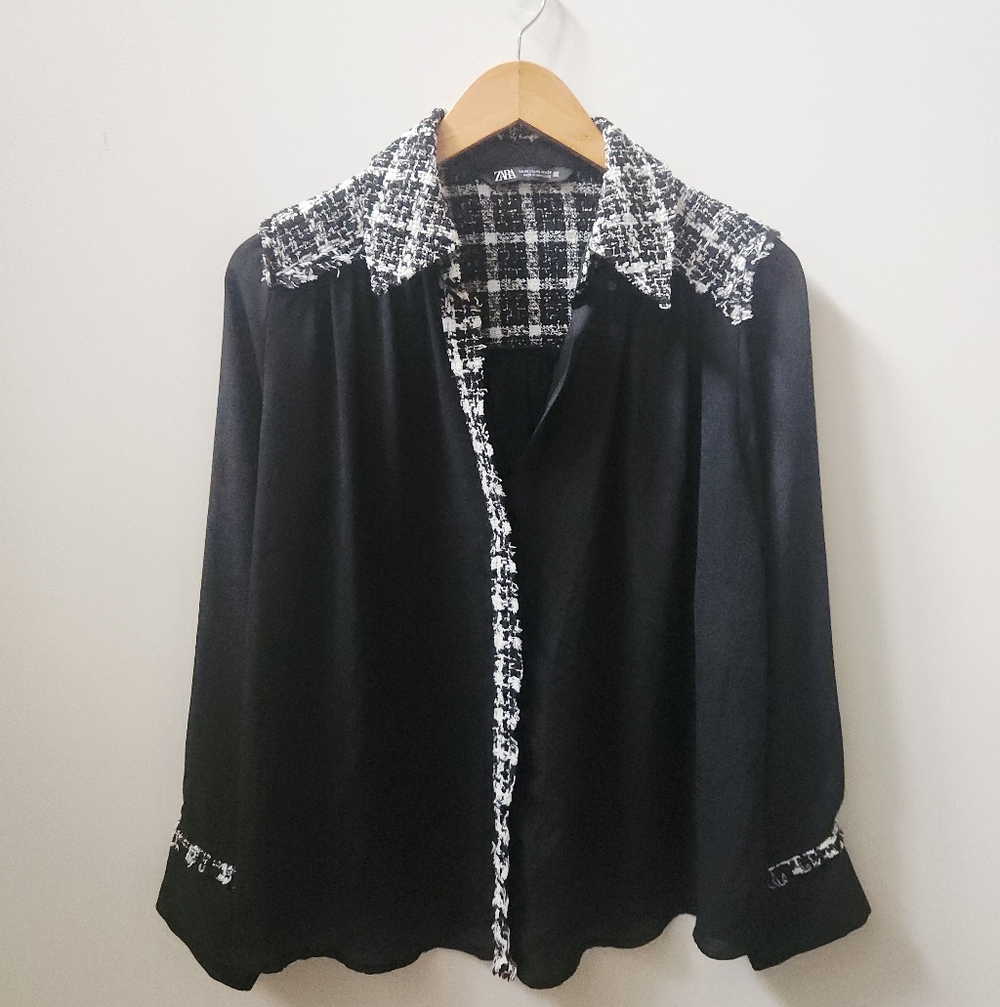Zara Black Button Up Shirt XS Tweed Trim Sheer Blouse - Picture 2 of 9